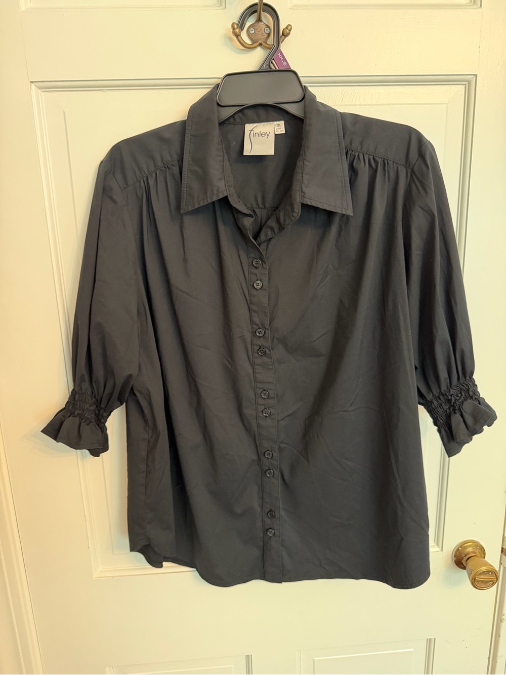 Finley Black Button-Front Blouse with Shirred Cuffs